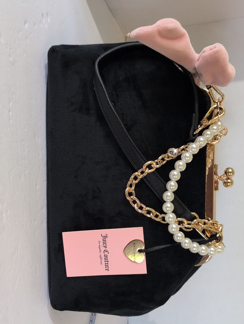 Nwt Juicy Couture LiquoriceBlack Velor Kis Lock Satchel Pearl Chain Top Handle B